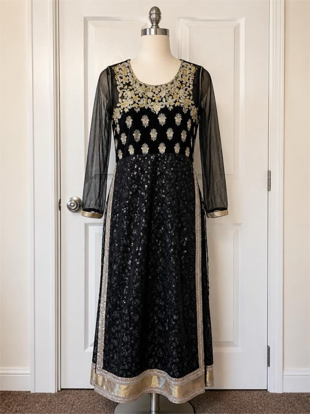 Black & Gold Long Sleeve Anarkali Dress